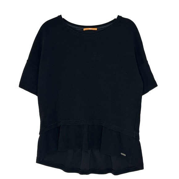 BOSS by HUGO BOSS Women Black Short Sleeve Hi Low Ruffle T Shirt Blouse Sz M - Picture 1 of 8